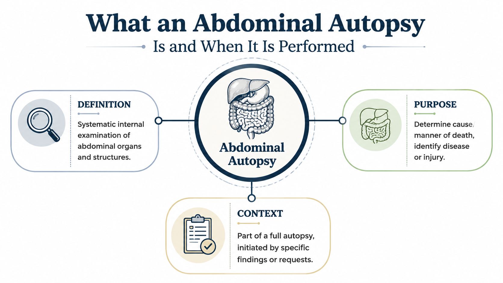 An infographic titled What an Abdominal Autopsy Is and When It Is Performed, explaining definition, purpose, and context.