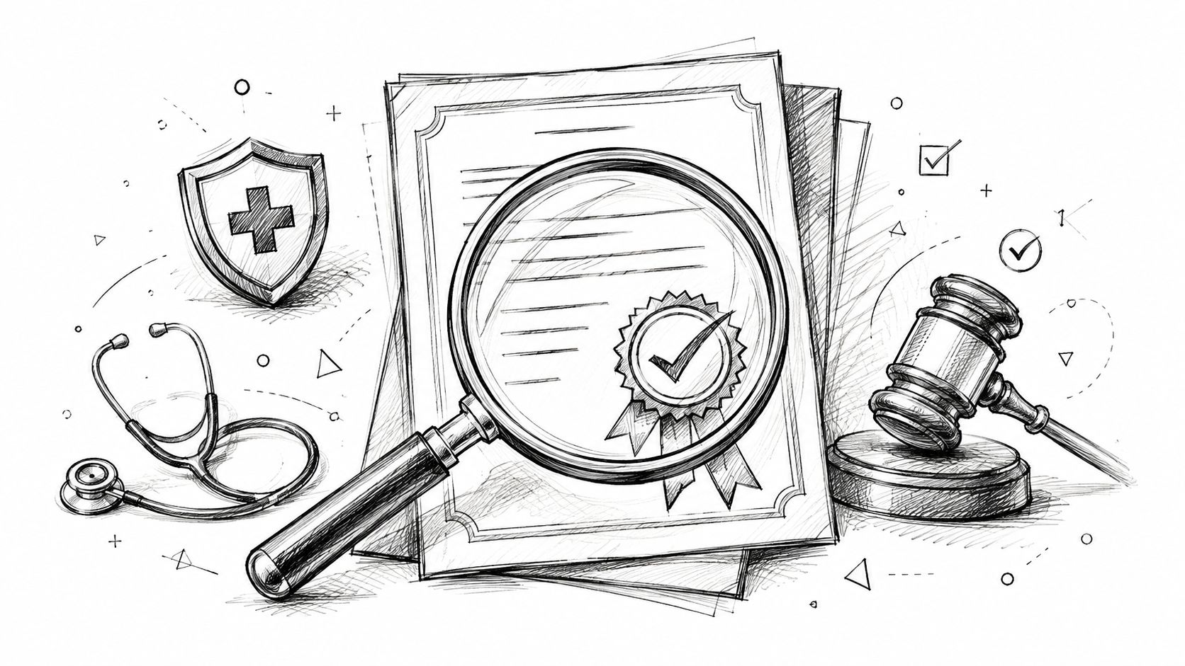 A pencil sketch illustration featuring a medical shield, stethoscope, document with a magnifying glass, and a judge's gavel.