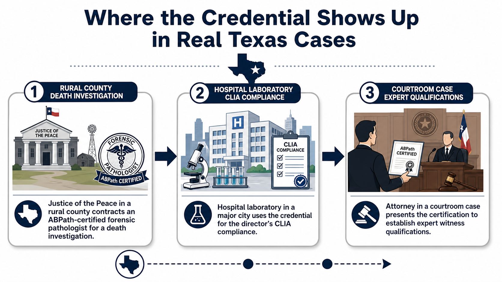 Infographic showing how ABPath certification is used in rural death investigations, hospital compliance, and courtroom expert testimony.