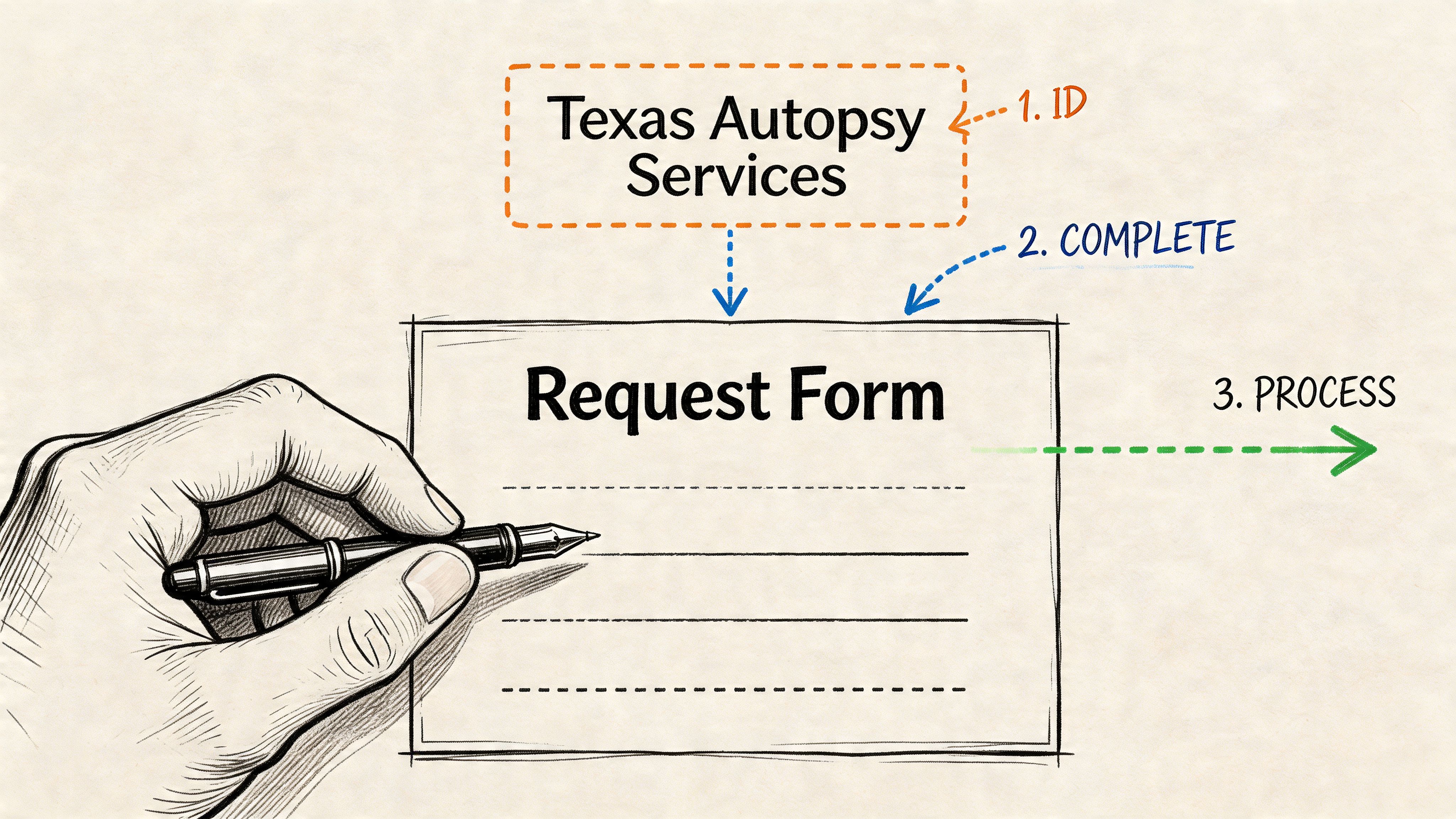 A hand drawing a request form for Texas Autopsy Services with a three-step process diagram.