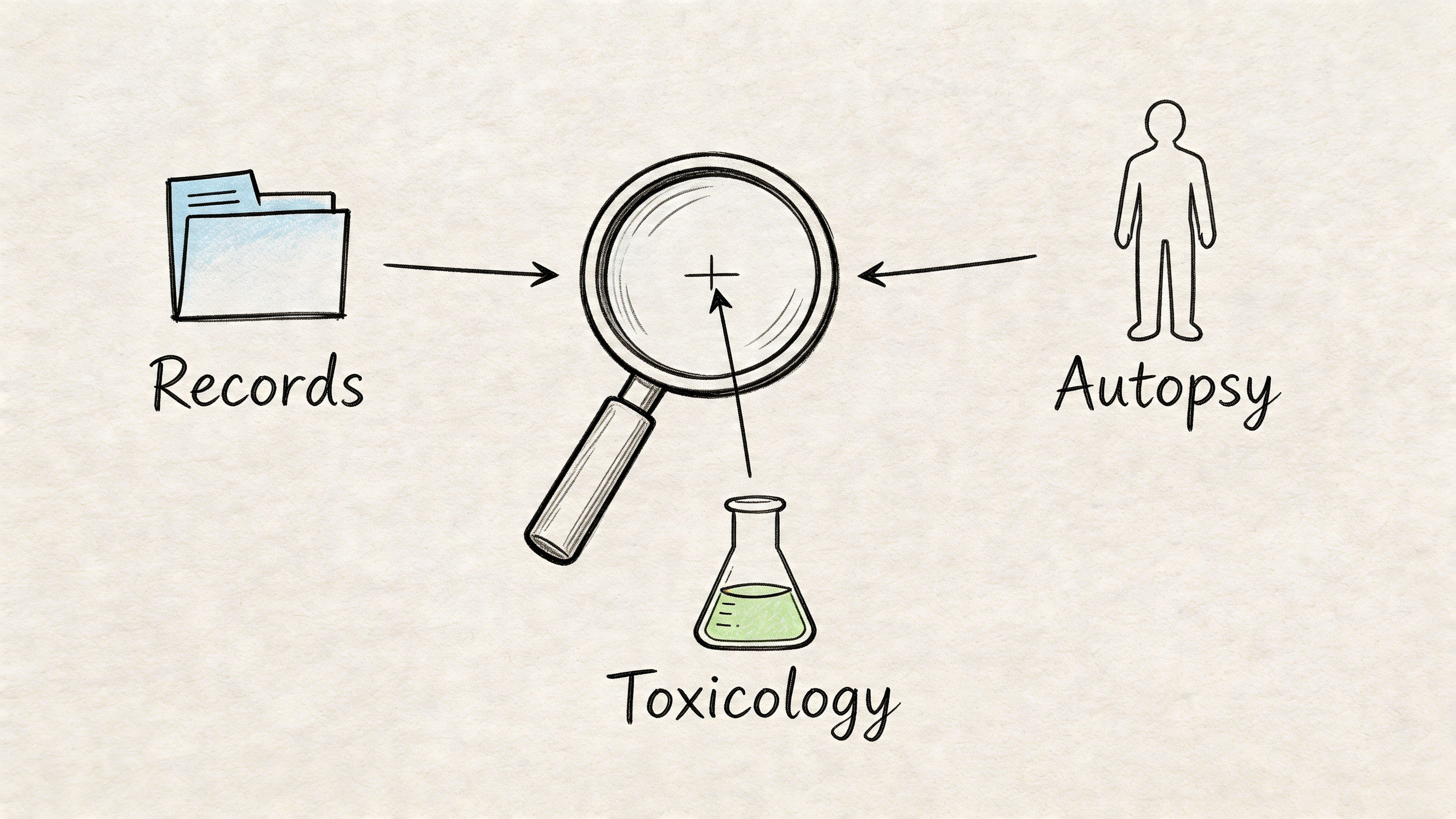 A hand-drawn illustration showing records, an autopsy, and toxicology being examined under a large magnifying glass.
