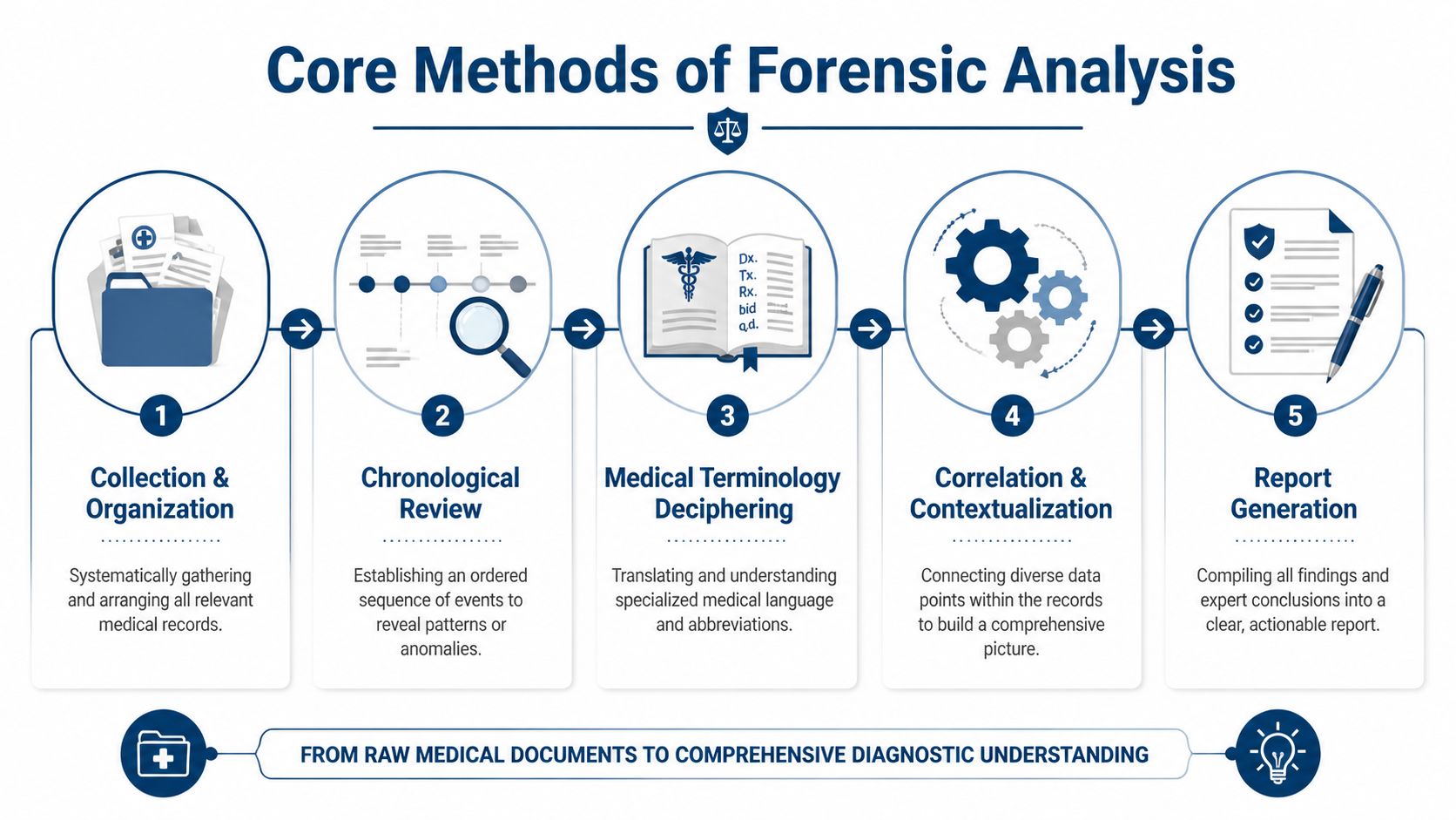 A five-step infographic showing the core methods of forensic medical record analysis from collection to reporting.