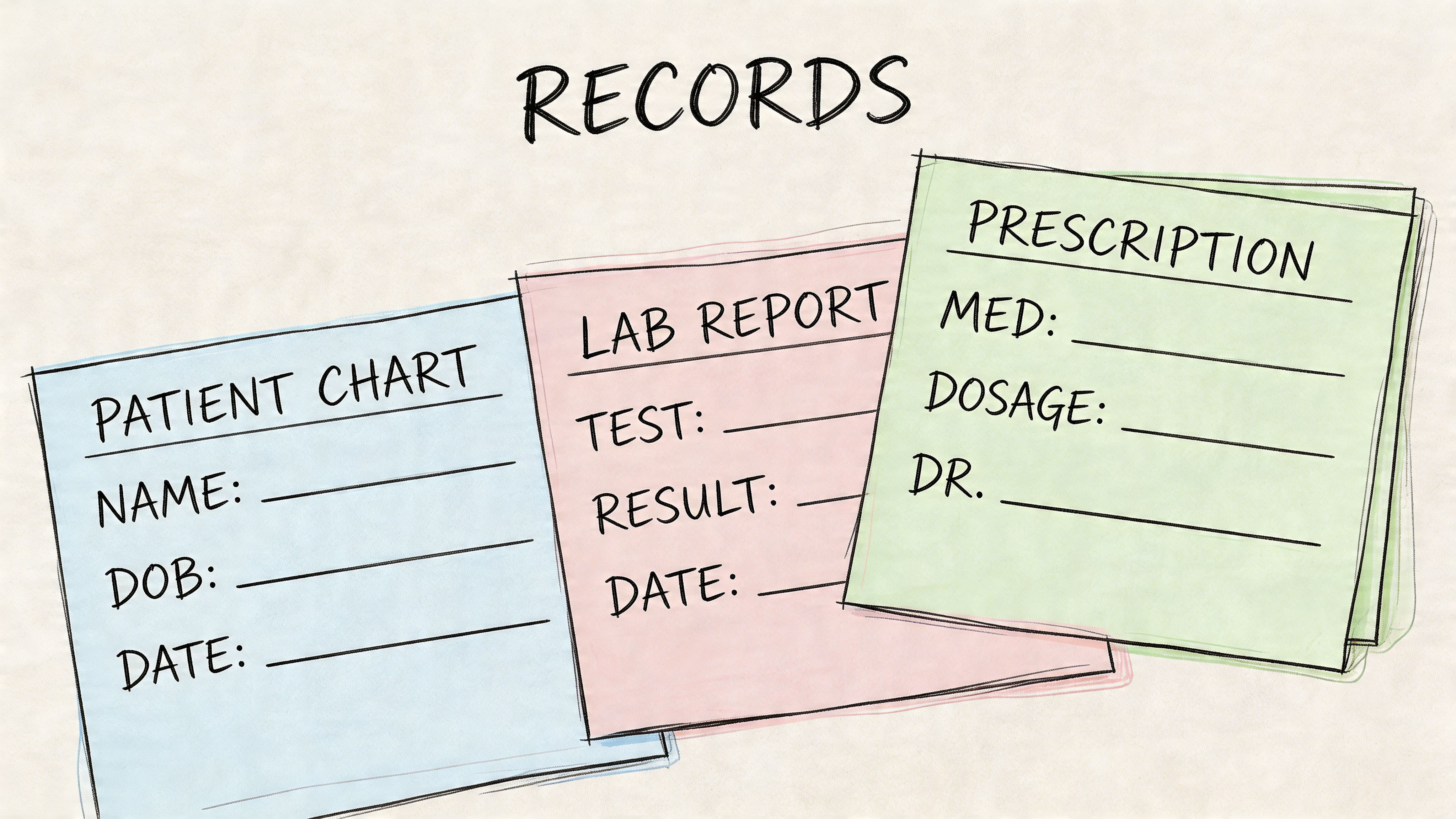 A digital illustration showing three paper notes labeled as patient chart, lab report, and prescription.