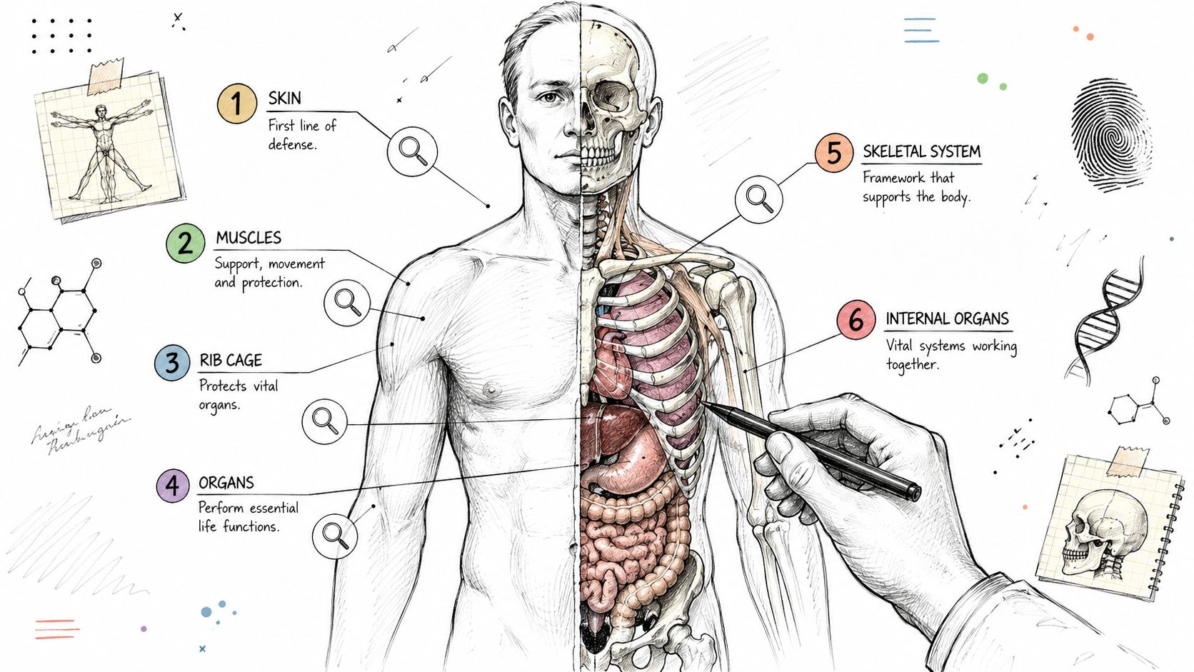 A detailed anatomical illustration showing the human body split between skin, muscles, skeleton, and internal organs.
