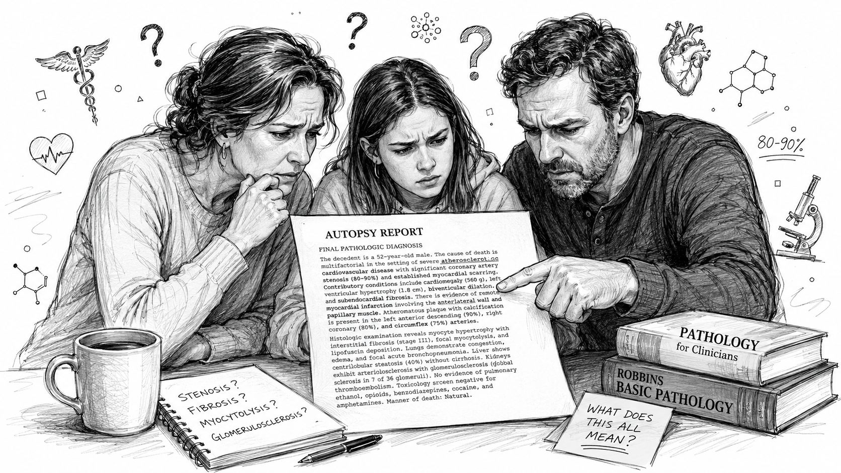A concerned family reviews a complex autopsy report with medical books and diagnostic symbols on the table.