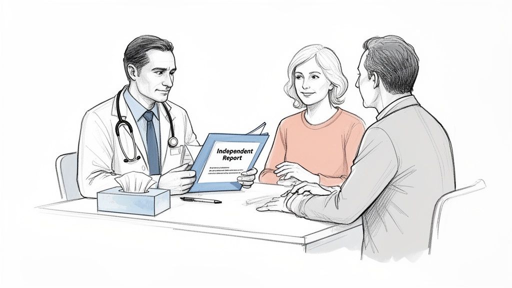 A doctor in a white coat explains an "Independent Report" to a man and woman at a table.