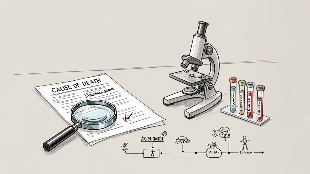Forensic investigation tools: 'Cause of Death' document, magnifying glass, microscope, test tubes, and an evidence flowchart.