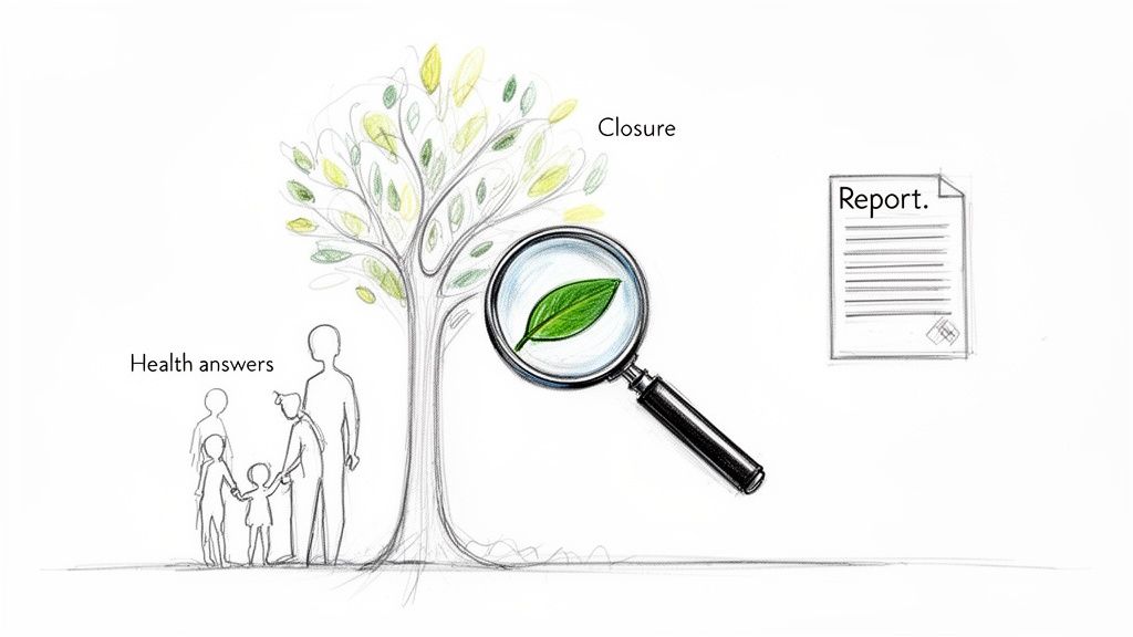 A sketch illustrating a family seeking health answers, an investigation leading to closure and a report.