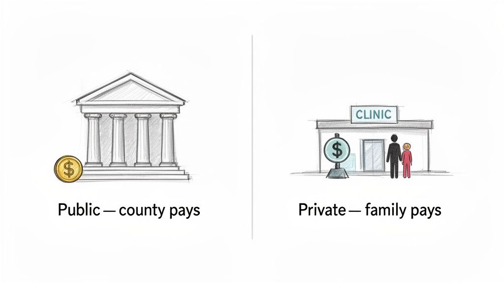 Illustration contrasting public (county-funded) and private (family-funded) payment systems, depicted by buildings and money.