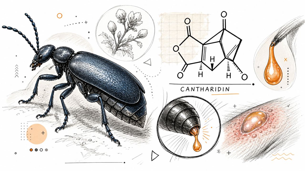 Scientific illustration of a blister beetle, its chemical structure cantharidin, and a resulting skin blister.