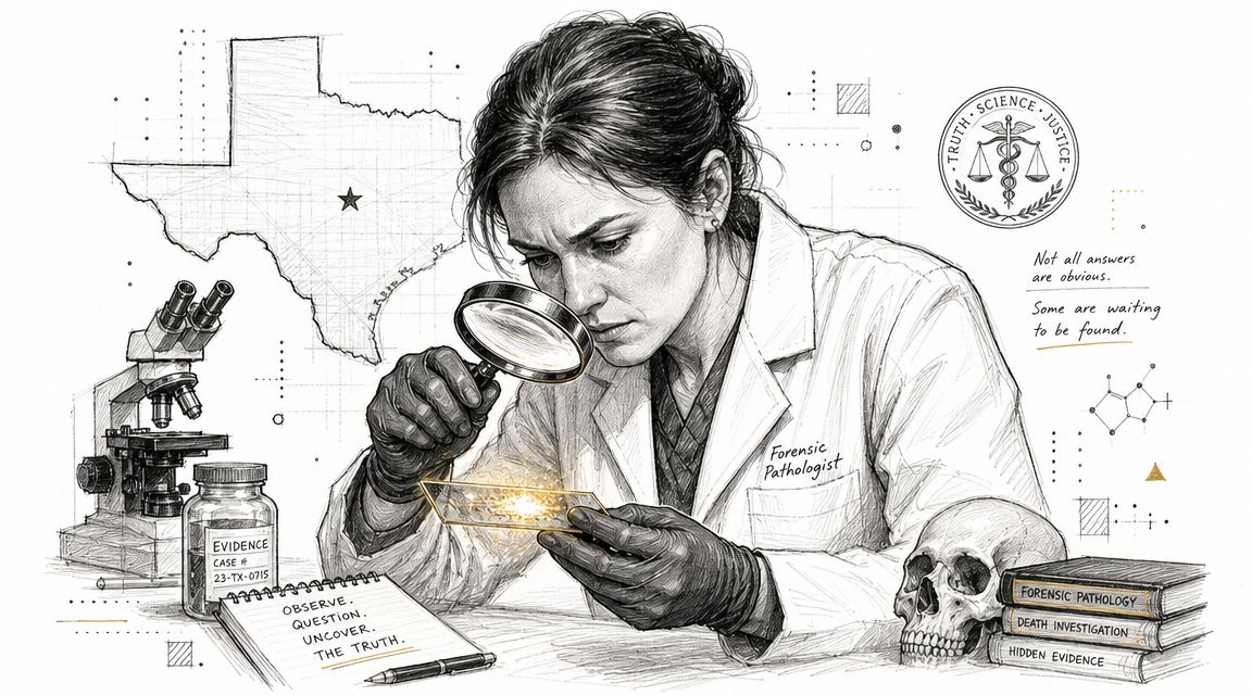 A forensic pathologist examining a slide with a magnifying glass beside a microscope, skull, and evidence.
