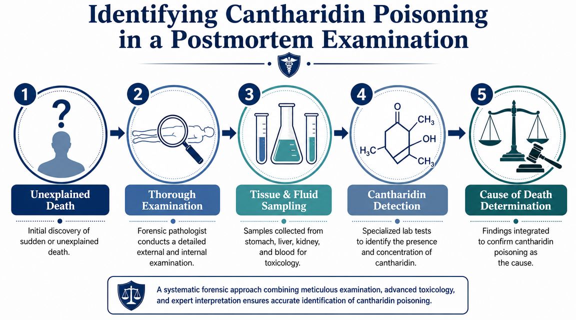 A five-step infographic illustrating the forensic process of identifying cantharidin poisoning during a postmortem examination.