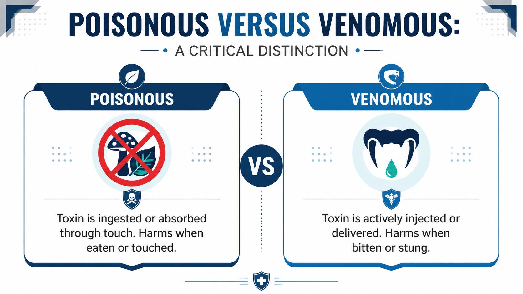A comparison chart explaining the difference between poisonous organisms, which are harmful if touched or eaten, and venomous animals.