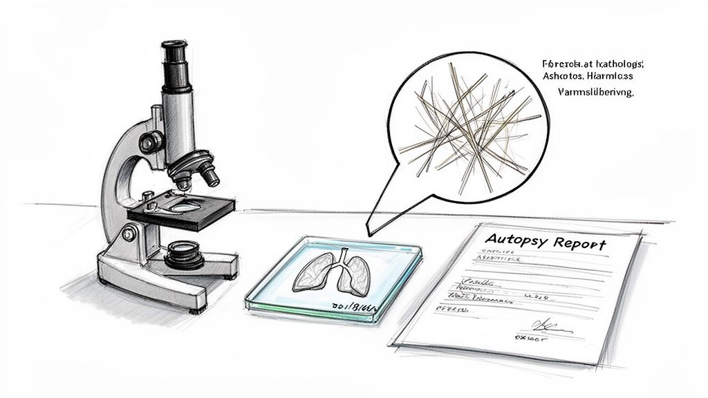 Microscope, lung tissue, and an autopsy report showing harmful asbestos fibers from a medical examination.