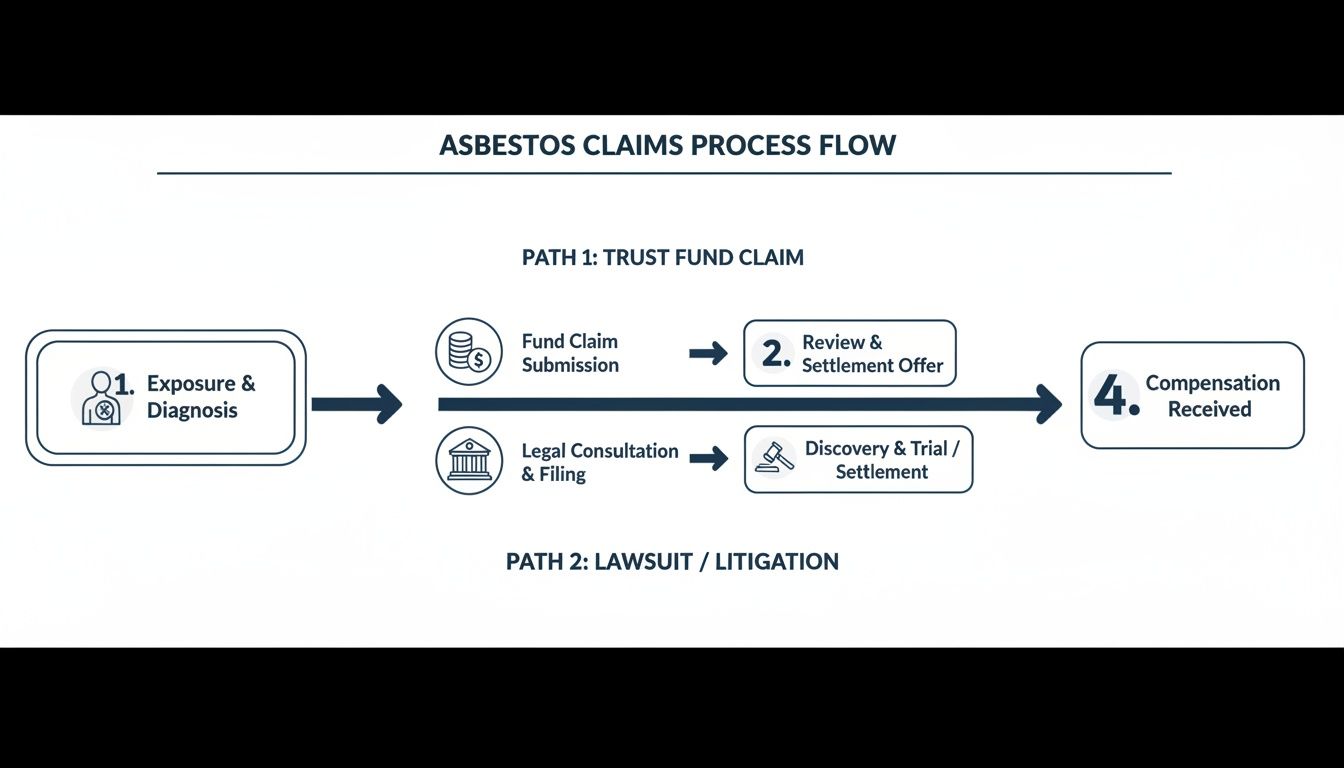 Flowchart illustrating the asbestos claims process, detailing two paths: trust fund claim or lawsuit, leading to compensation.