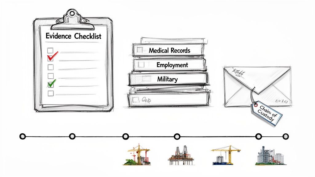A visual representation of collecting and managing evidence for legal claims, including records and chain of custody.