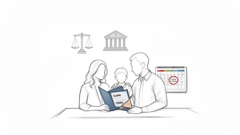 Family reviewing a 'CLAIM STEPS' document with legal scales, a courthouse, and a marked calendar.