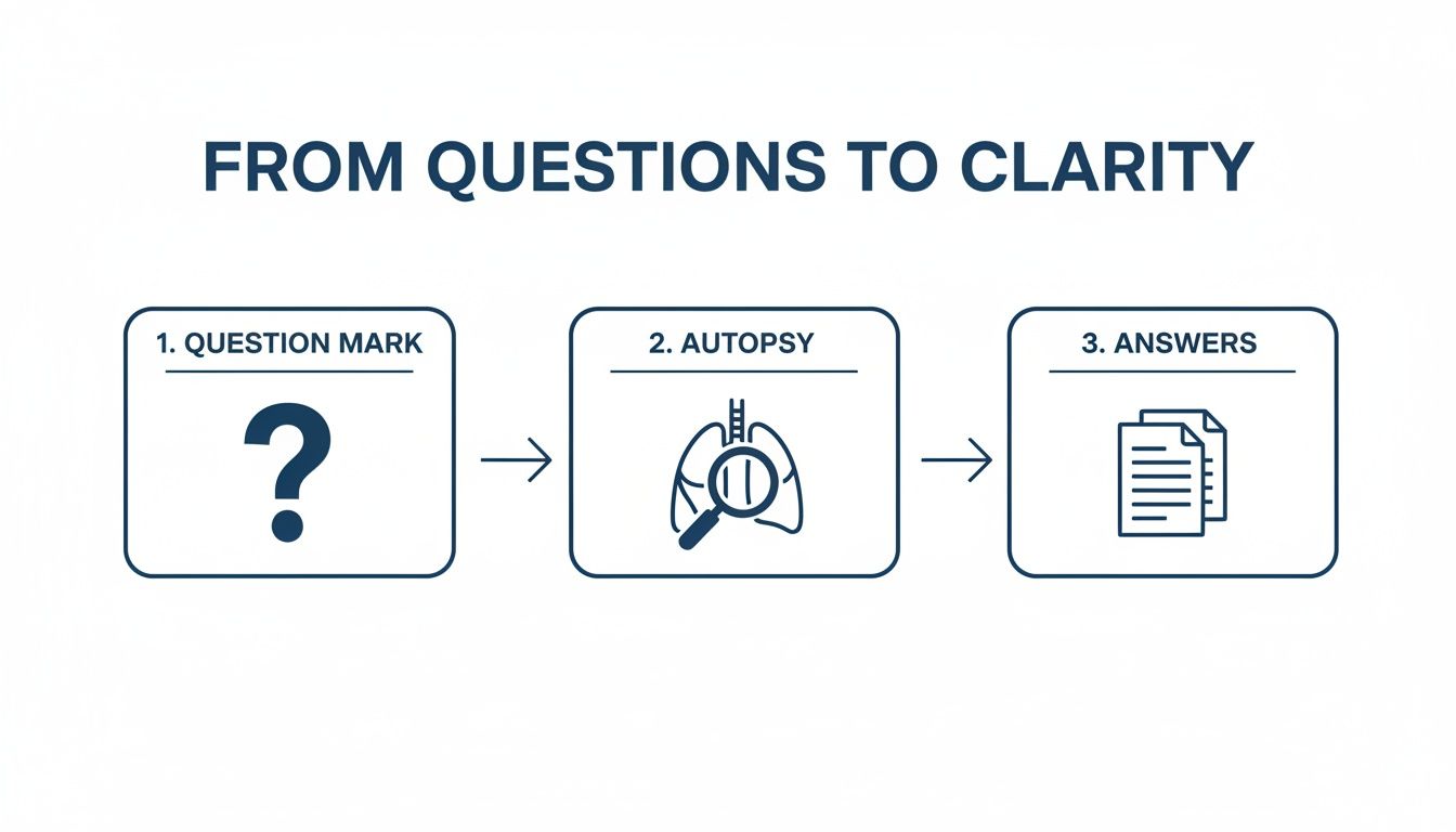 Diagram showing the process: Questions (question mark) to Autopsy (lungs with magnifying glass) to Answers (documents).