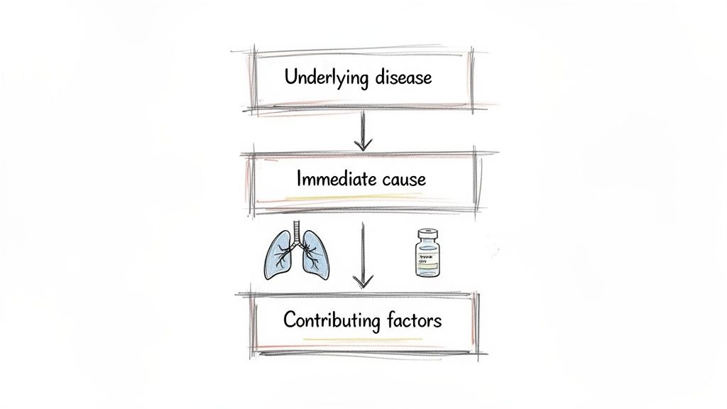 Flowchart illustrating the progression from underlying disease to immediate cause and contributing factors, with icons of lungs and insulin.
