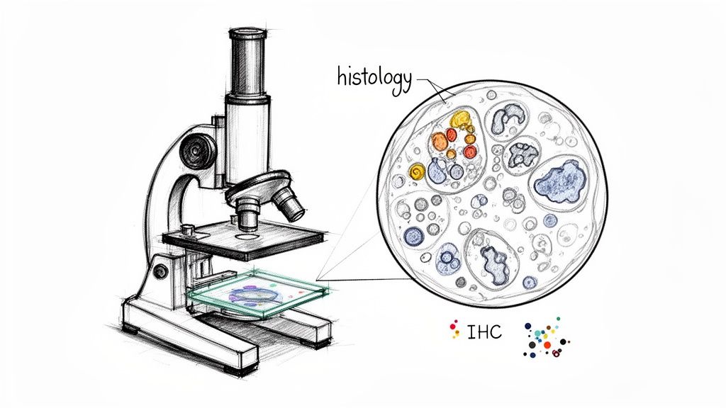 A hand-drawn sketch of a microscope and a magnified view of histology cells, with IHC legend.