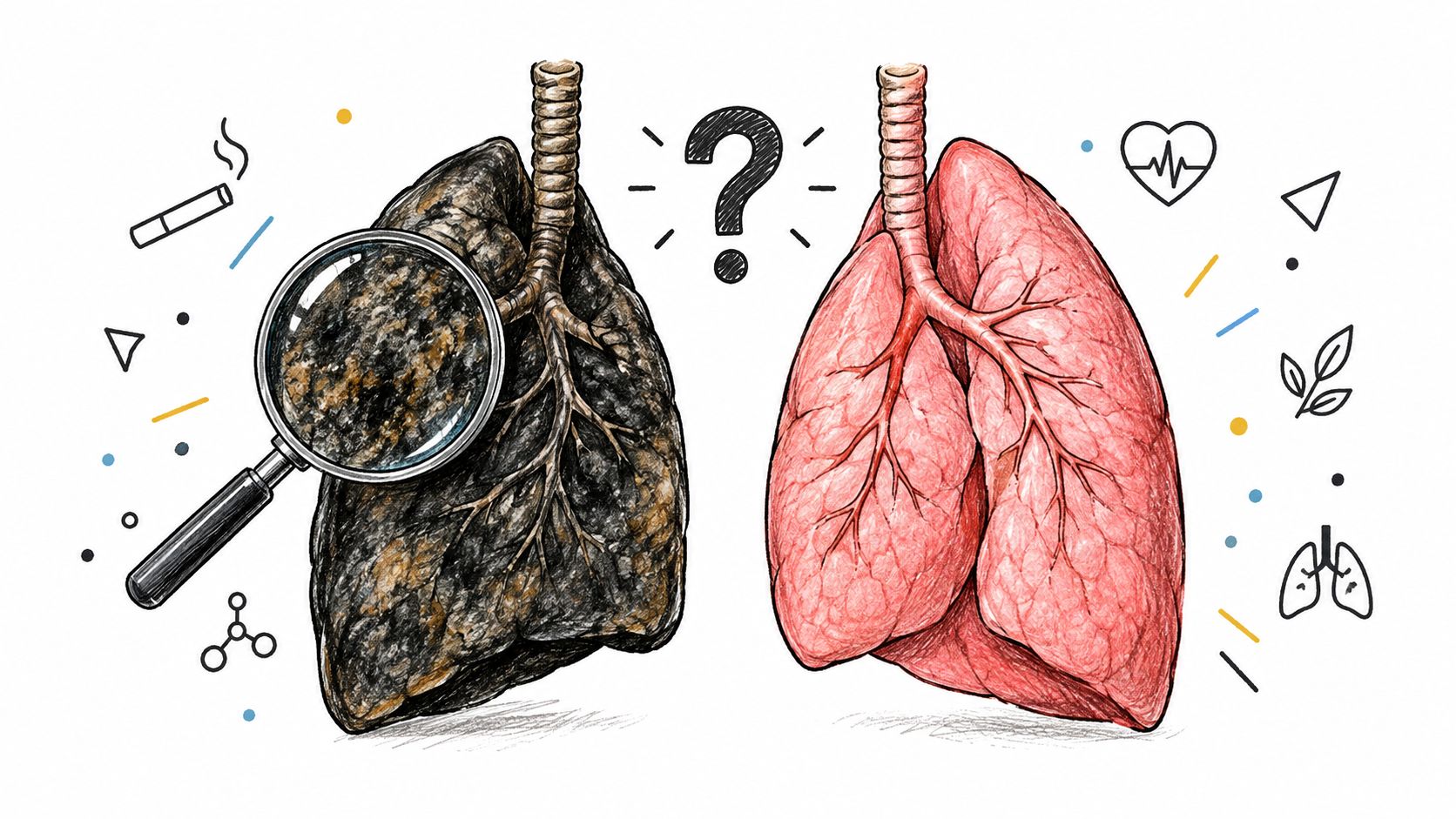 A conceptual illustration comparing healthy pink lungs and diseased black lungs from smoking with a magnifying glass.