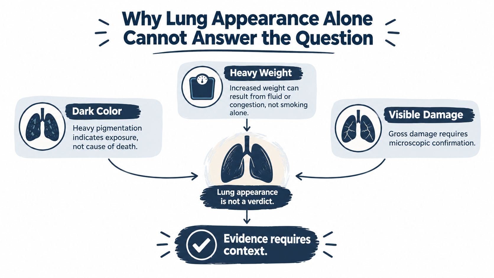 An infographic explaining why examining the physical appearance of lungs is insufficient to determine cause of death.