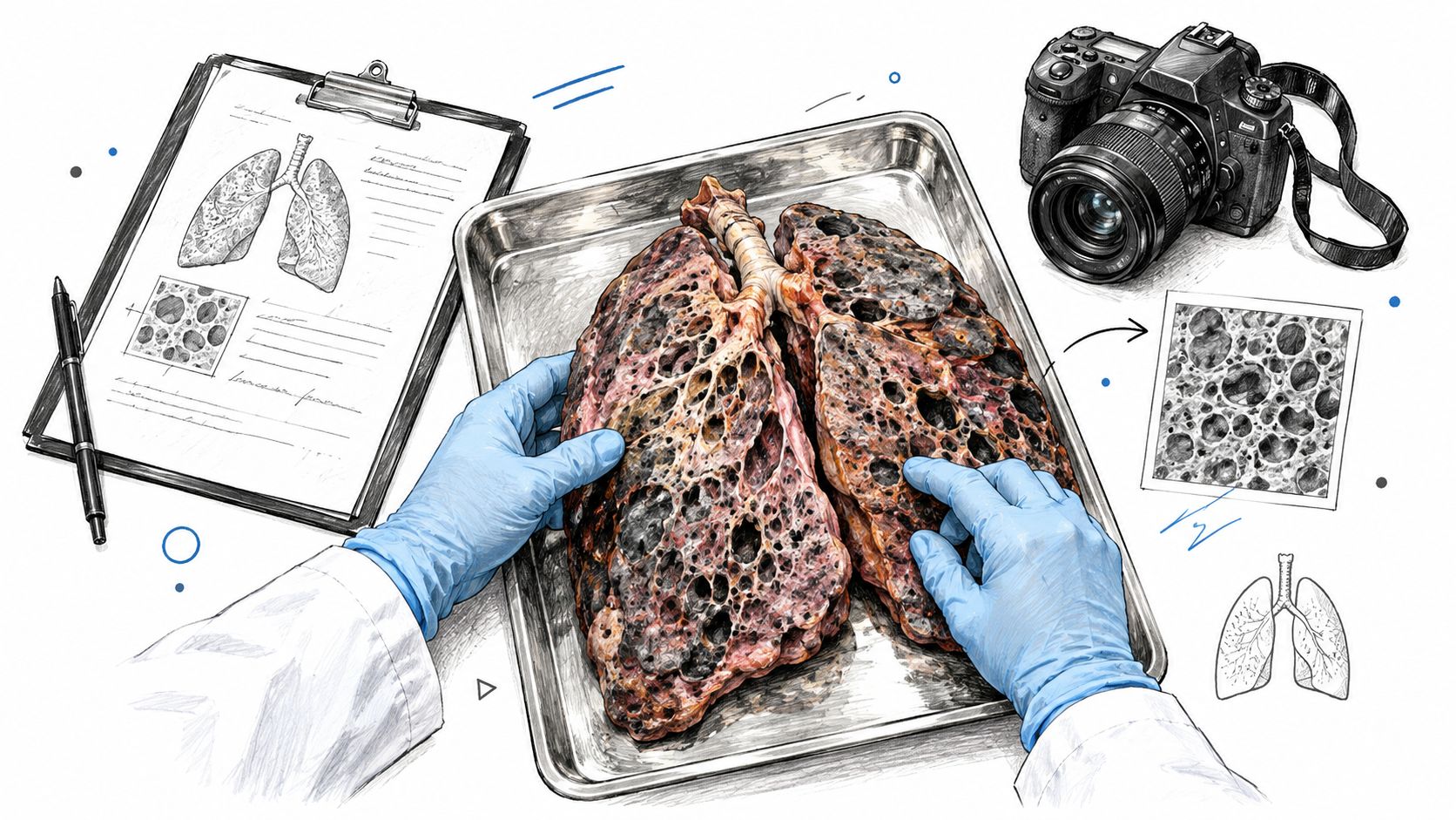 A pathologist wearing blue gloves examines diseased, emphysematous lungs of a smoker in a medical laboratory.