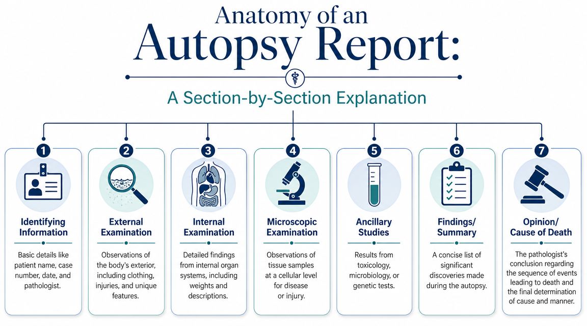 An infographic titled Anatomy of an Autopsy Report showing seven distinct sections of a medical examination.
