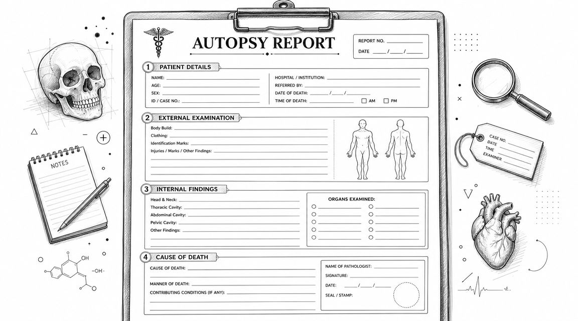 A blank autopsy report form on a clipboard, surrounded by medical illustrations like a skull, heart, and notes.