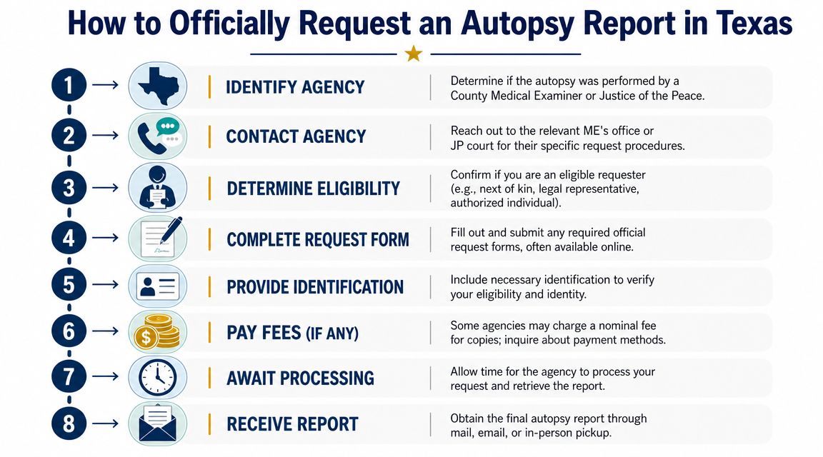 An eight-step infographic explaining how to officially request an autopsy report from agencies in Texas.