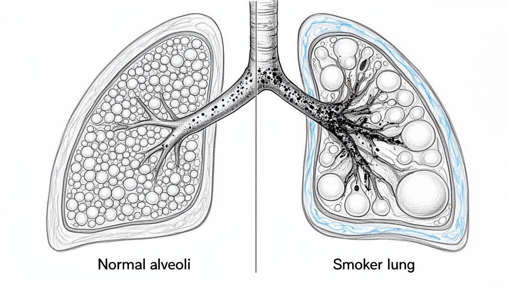 Medical illustration comparing healthy lungs with numerous small alveoli to damaged smoker's lungs with enlarged air sacs.