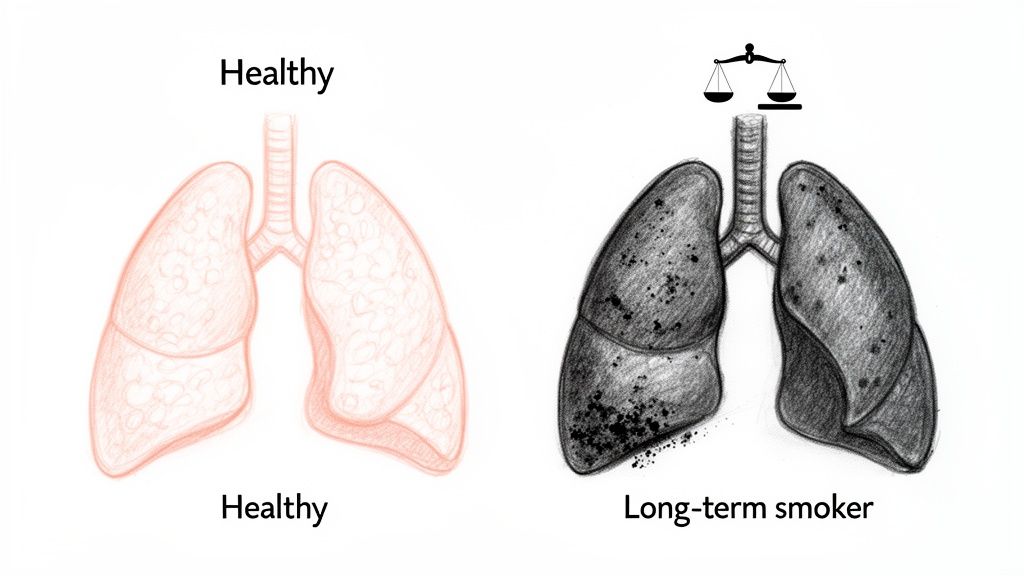 Illustration comparing healthy, pink lungs with dark, damaged lungs of a long-term smoker, showing the impact of smoking.