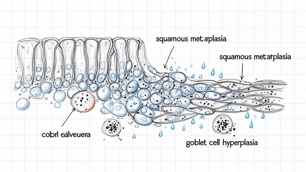 A detailed diagram illustrating cellular changes, including squamous metaplasia and goblet cell hyperplasia, in respiratory tissue.