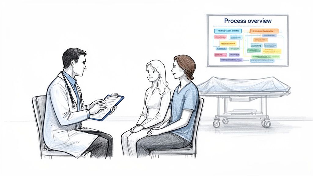 Doctor explains a medical process to two individuals, with a gurney and process overview on the wall.