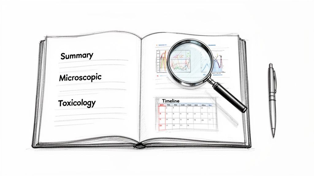 A sketch of an open notebook displaying scientific terms, charts, a timeline, and a magnifying glass.