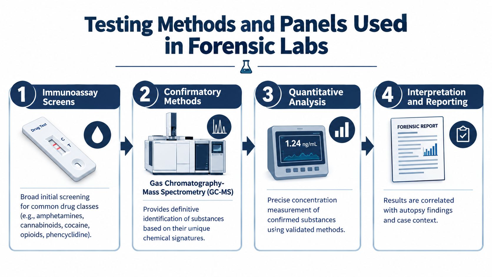 A diagram illustrating the four-step forensic toxicology testing process, from initial screening to final report interpretation.
