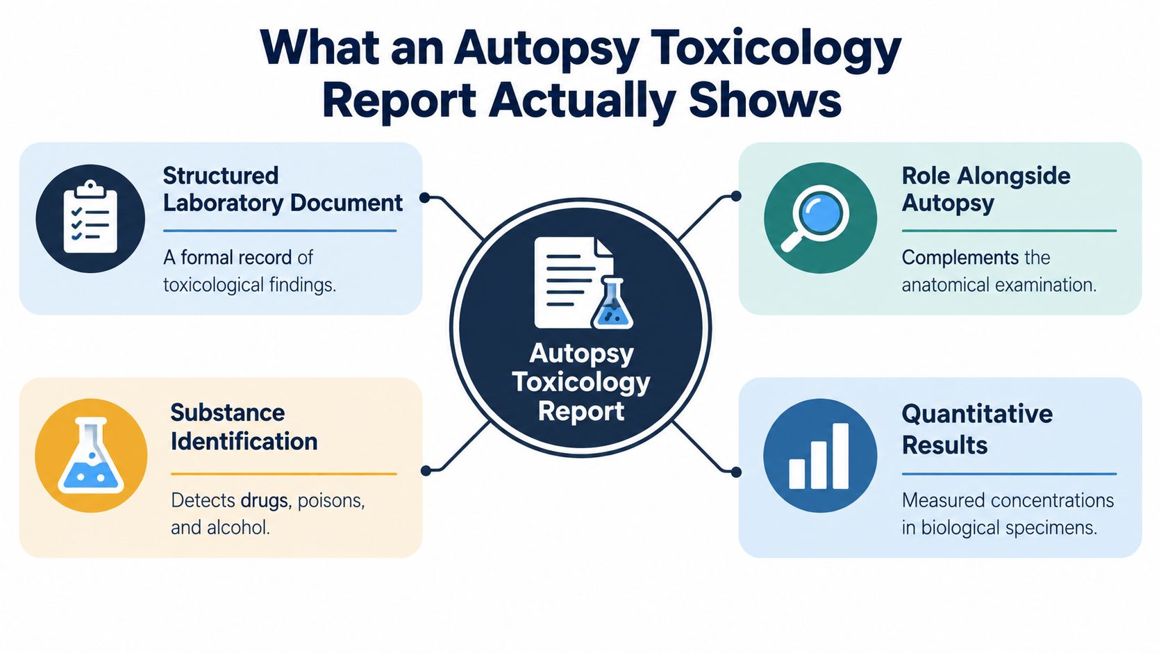 An infographic titled What an Autopsy Toxicology Report Actually Shows detailing its role, structure, and findings.