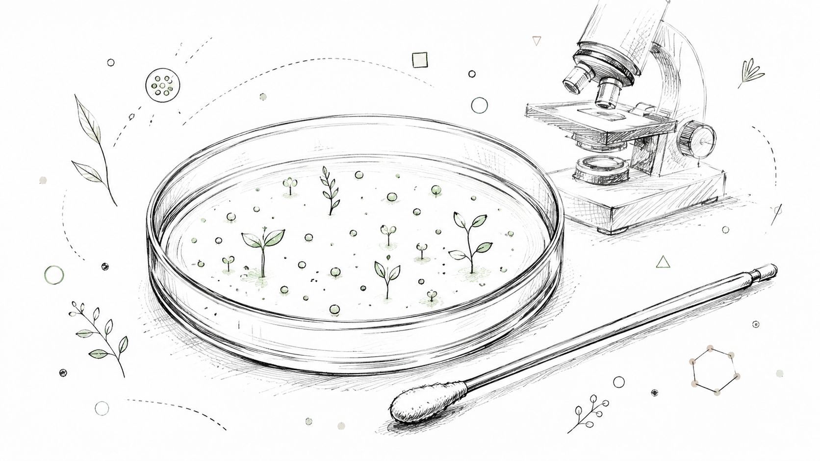 A pencil sketch of a petri dish with tiny plants, a microscope, and a swab on a table.
