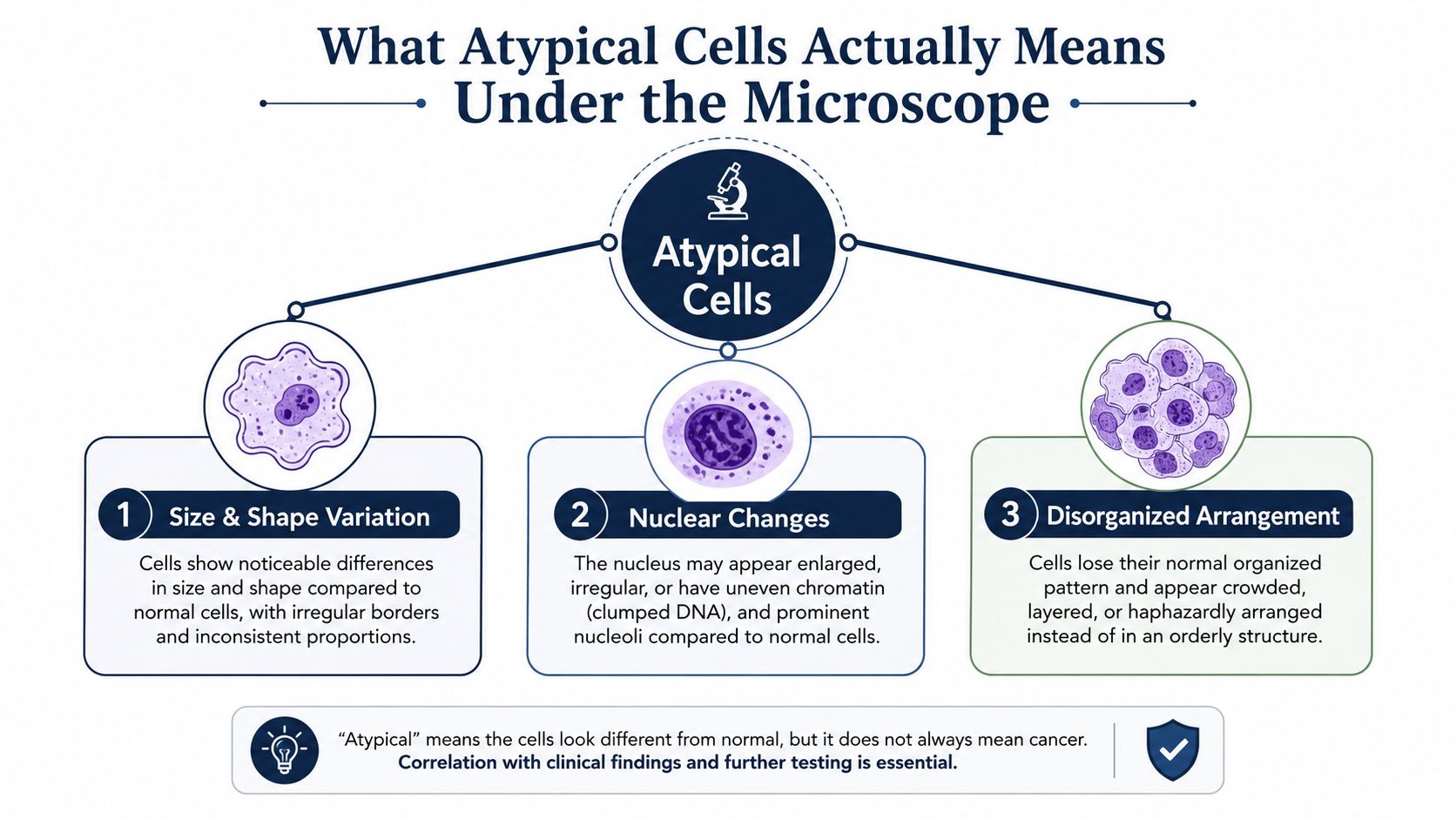 An infographic titled What Atypical Cells Actually Means Under the Microscope explaining three characteristics of atypical cells.