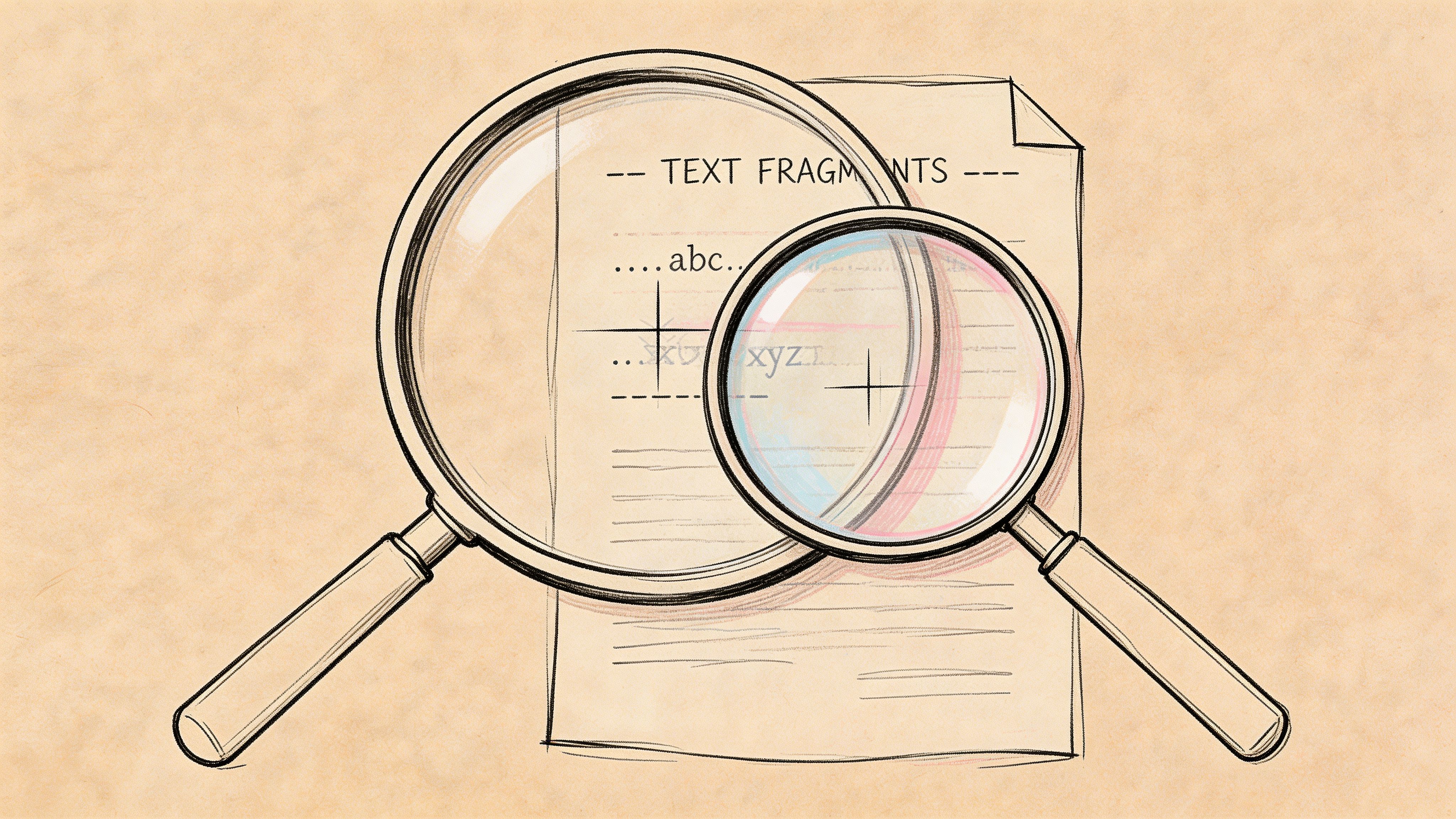 A magnifying glass inspecting a medical document labeled as text fragments on a textured paper background.