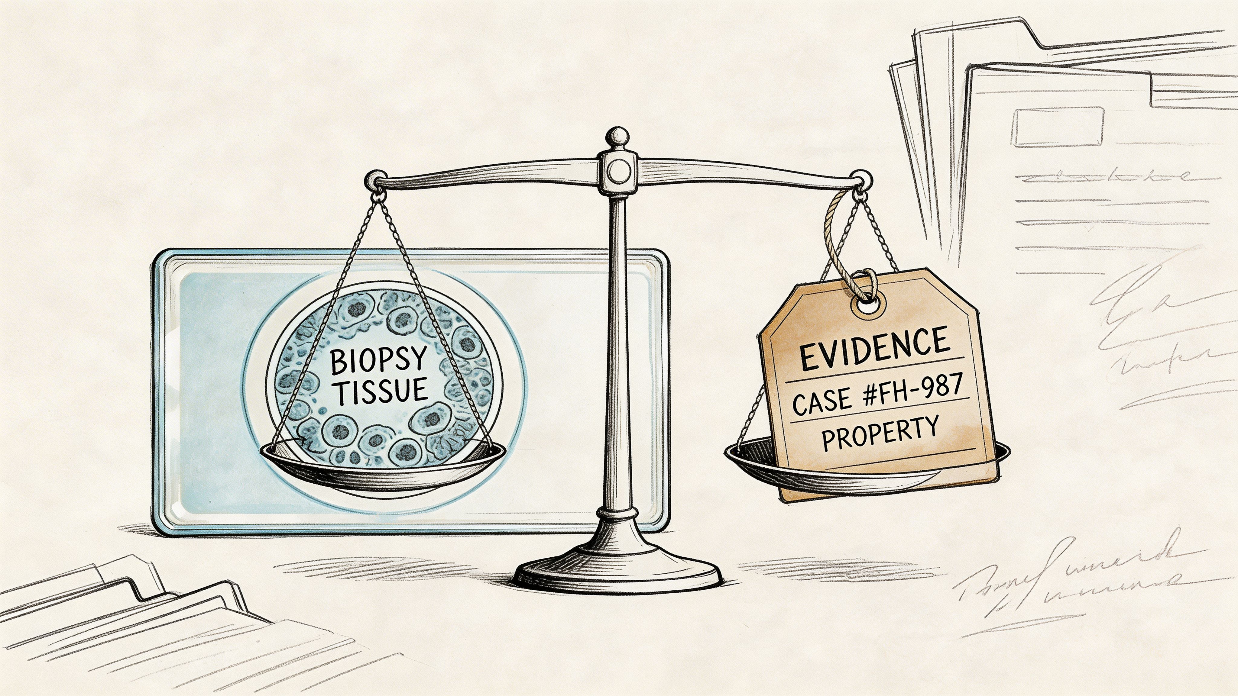 A conceptual illustration of a balance scale weighing biopsy tissue against an official evidence property tag.