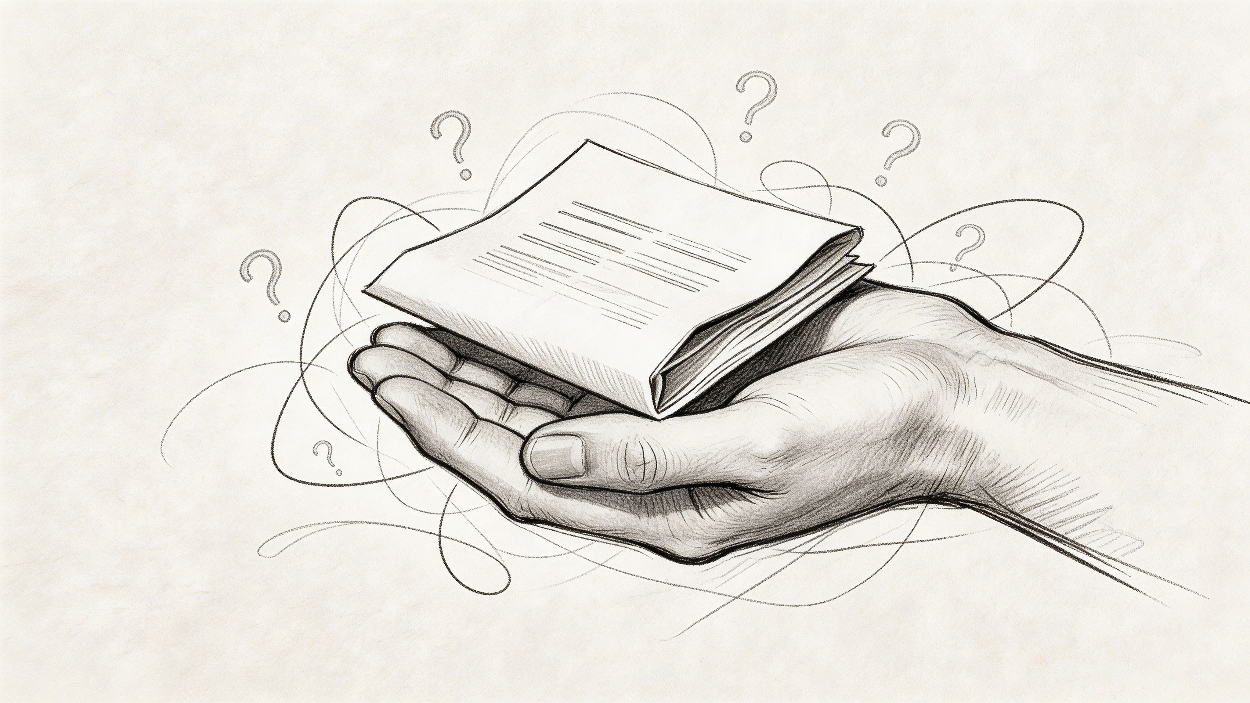 A hand holding a folded paper document surrounded by sketched question marks representing medical uncertainty.
