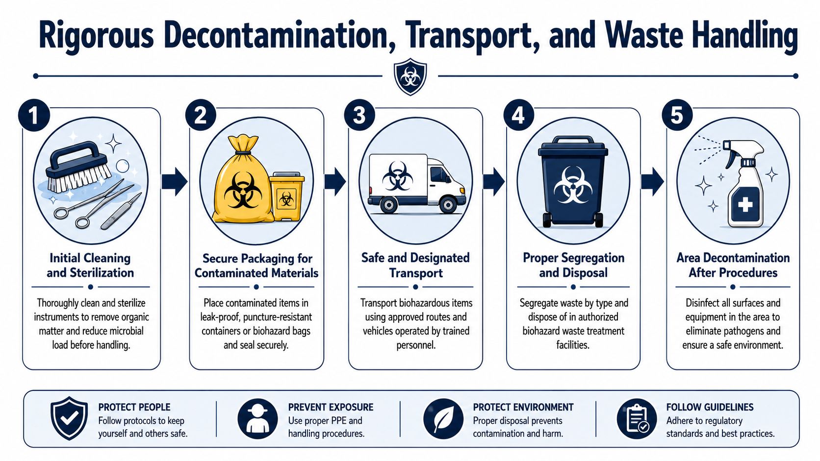 A five-step infographic showing rigorous decontamination, transport, and waste handling procedures for hazardous materials.