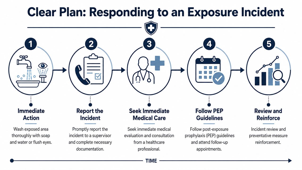 A five-step infographic illustrating a clear plan for responding to a workplace bloodborne pathogen exposure incident.
