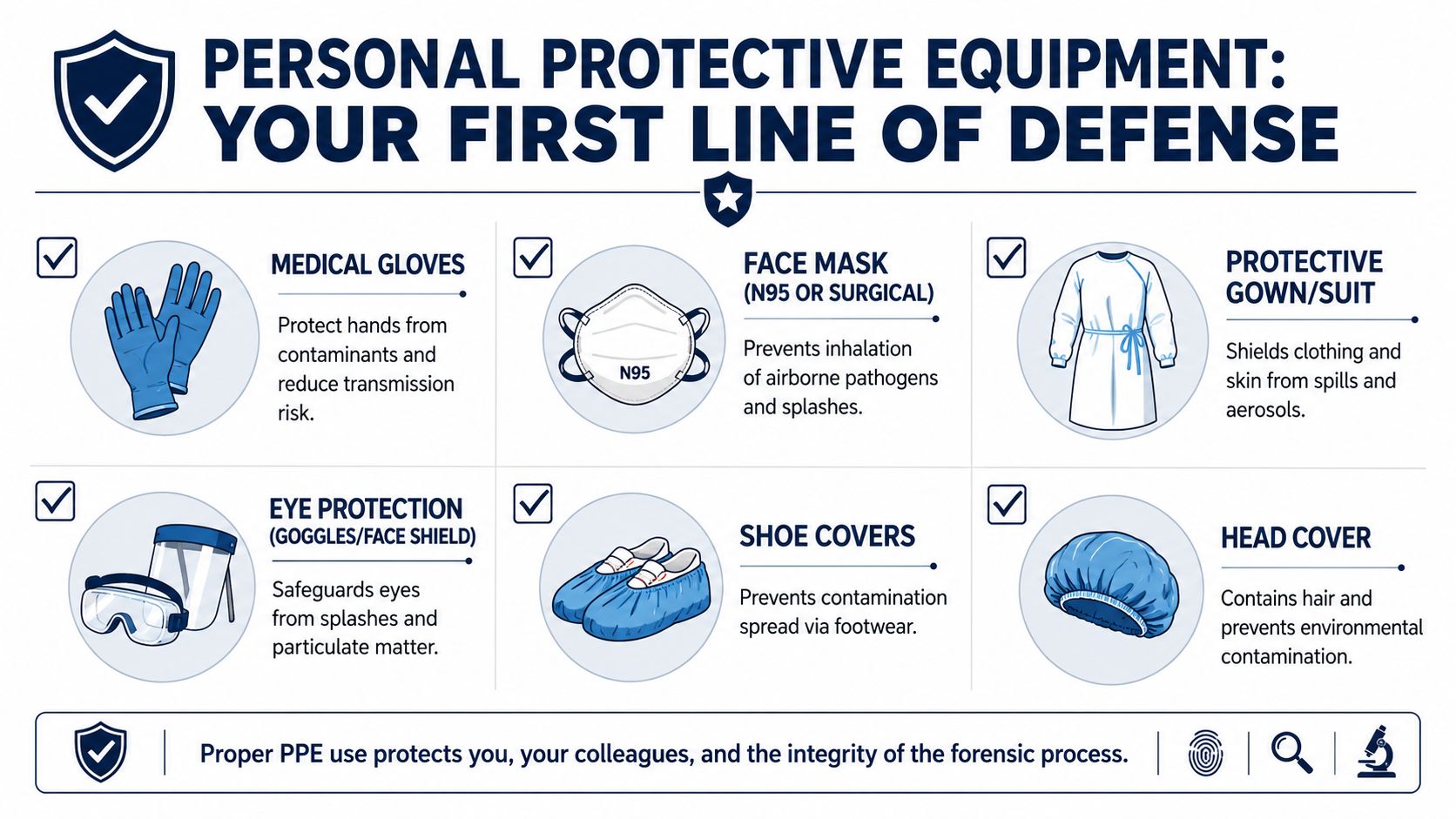 An educational graphic showing six essential types of personal protective equipment for maintaining hygiene and safety.