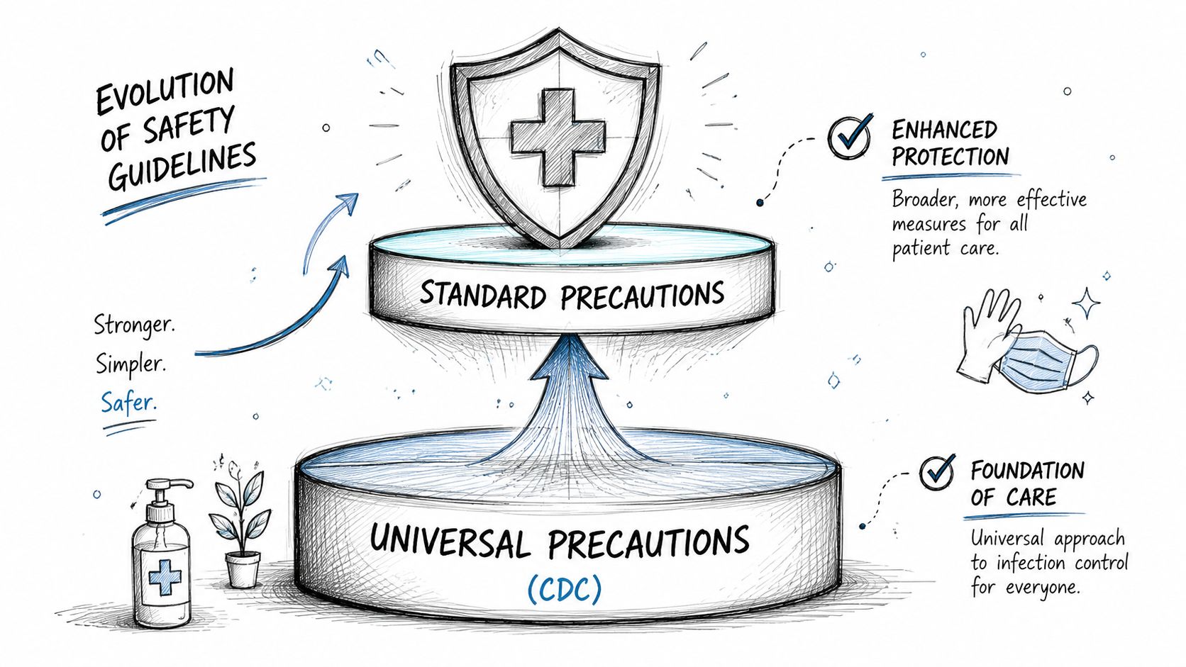 A diagram illustrating the evolution of infection control from Universal Precautions to Standard Precautions for patient safety.
