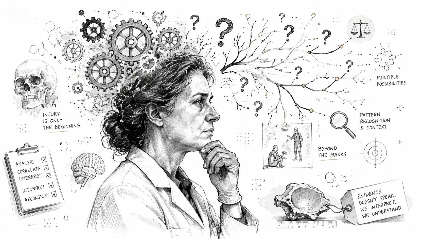 A scientist analyzing forensic evidence with various investigative elements and concepts visualized around her head.