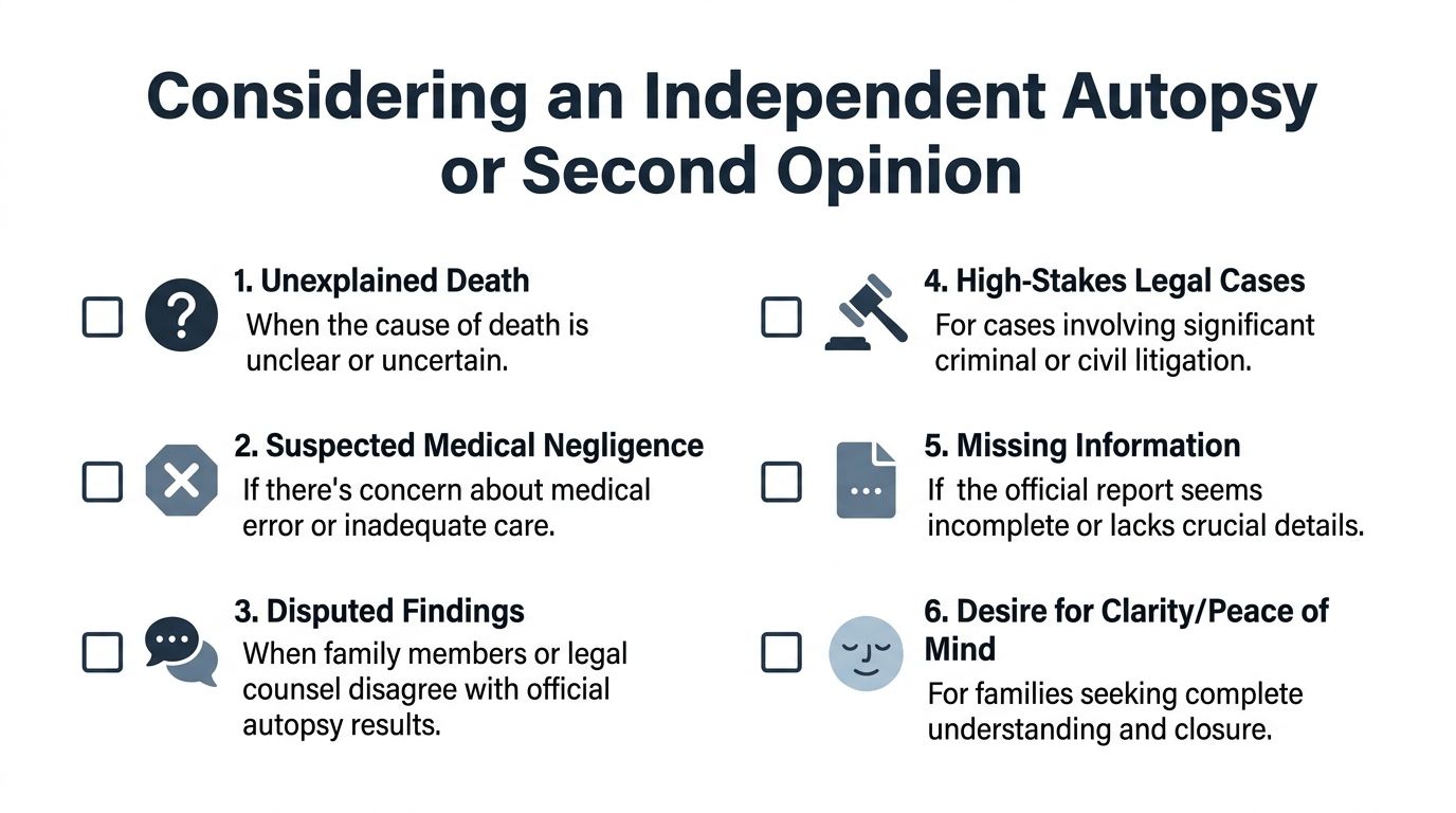 A list of six key reasons to consider an independent autopsy or a medical second opinion.