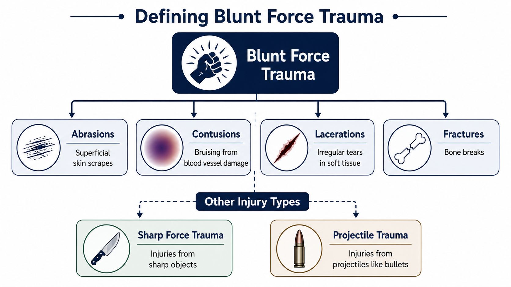 An educational infographic outlining categories of blunt force trauma, including abrasions, contusions, lacerations, fractures, and other trauma types.