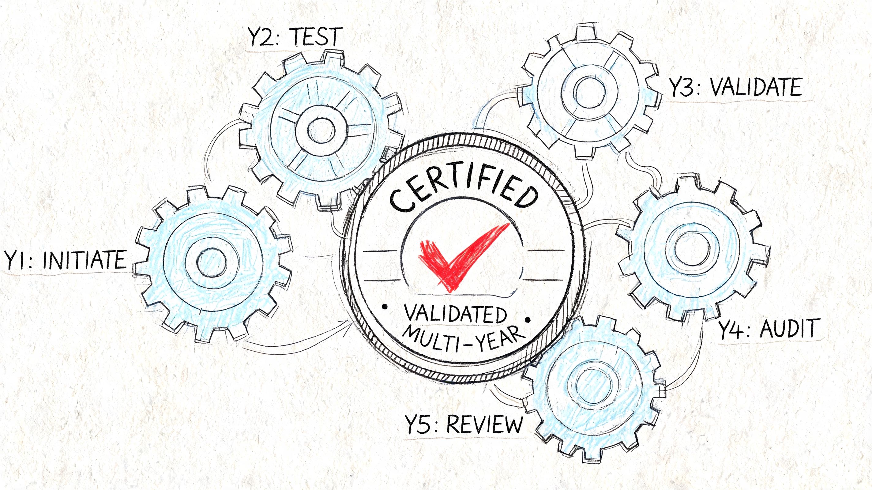 A hand-drawn sketch showing a multi-year certification process with gears representing five sequential steps of development.